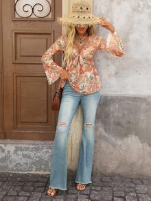 Brillora Allover Print Knot Front Flounce Sleeve Peplum Blouse,Long Sleeve Tops