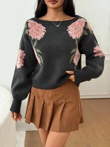 SHEIN PETITE Country Western Floral Intarsia Boat Neck Long Sleeve Knit Sweater, Casual Cute Back To School, Boho, Fall, Autumn, Winter Valentine's Day - Black - View 8