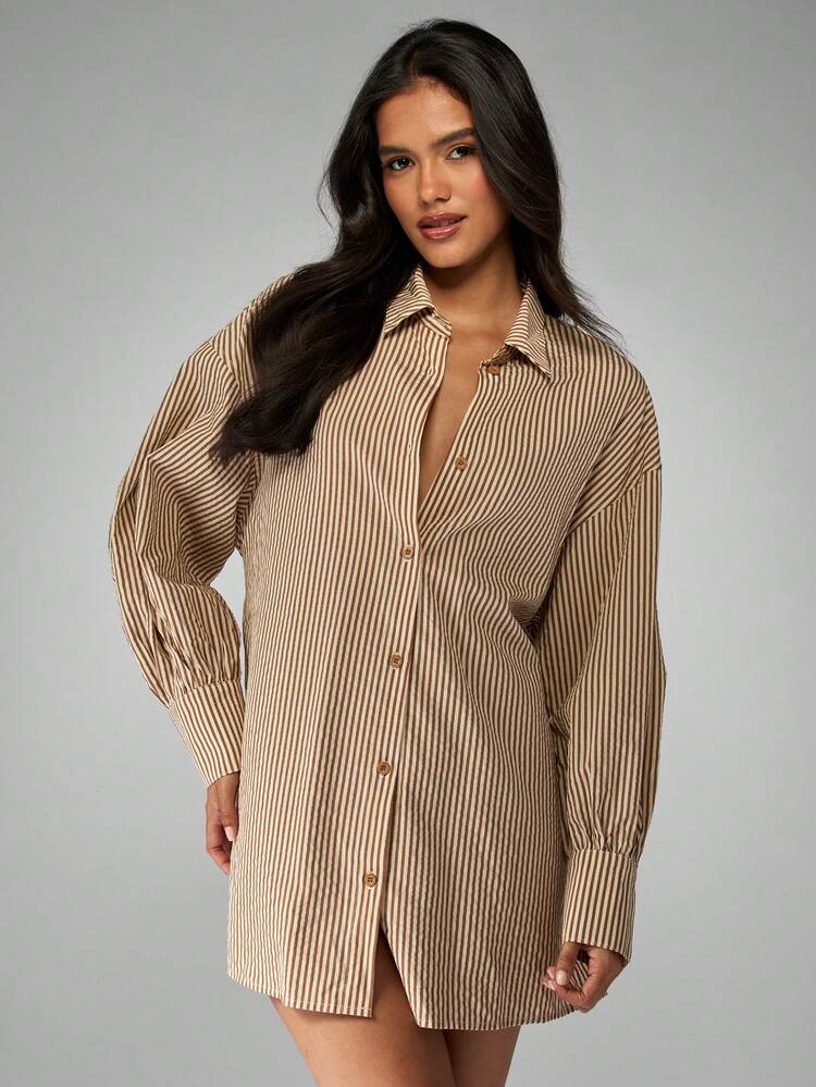 MISSGUIDED Cotton Striped Button Down Shirt Dress With Long Puff Sleeves Collared Mini Tunic Fall Winter Office Wear Stylish Transitional Piece