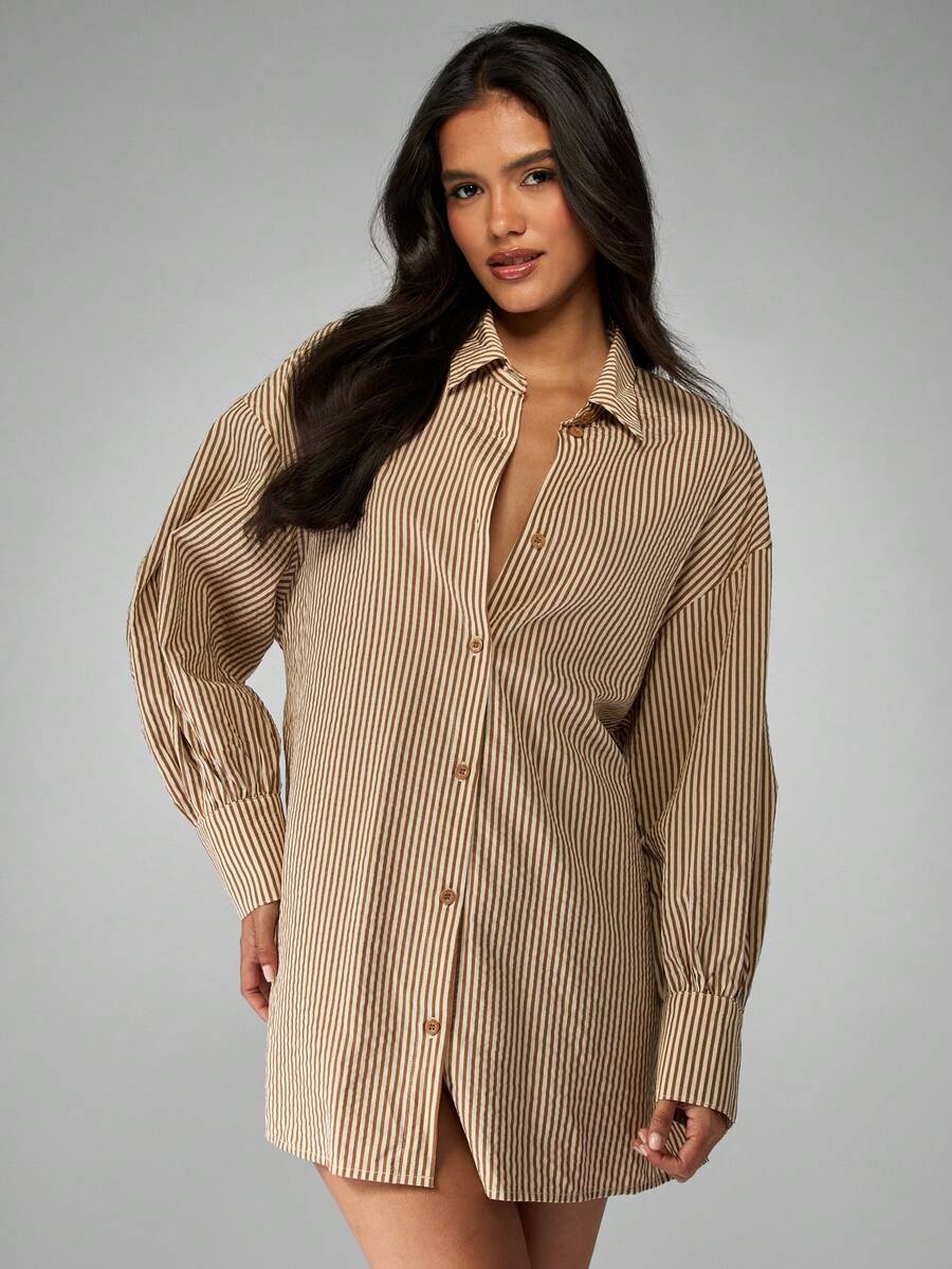 MISSGUIDED 棉质条纹纽扣衬衫裙，长泡泡袖，翻领迷你束腰外衣，秋冬办公室时尚过渡装 - 彩色 - 查看 1