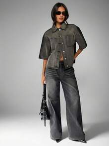 MISSGUIDED Cotton Wide Leg High Rise Jeans With Flared Bottom Classic Y2K Style Baggy Denim Pants For Fall Winter Casual Streetwear - Grey - View 3
