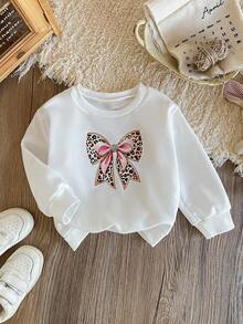 SHEIN Baby Girl White Crew Neck Sweatshirt With Leopard Print & Bow Graphic, Cute & Casual - White - View 4