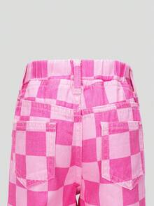 Sparklyn 年轻女孩休闲格子牛仔裤，宽松阔腿，柔软，适合日常穿着，返校，秋冬 - 粉色 - 查看 4