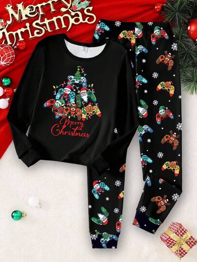 2pcs Gaming Console & Christmas Tree Print Glow-In-The-Dark Knit Elastic Fabric Comfortable Soft Long Sleeve Top And Pants Snug Fit Pajama Set For Older Boys Snug Fit Christmas Pajamas