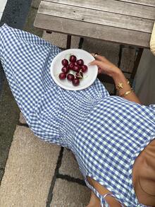 MainGRL Women's Casual Blue Plaid Midi A-Line Dress Sleeveless Square Neck With Ruffle Hem In Woven Fabric For Summer Picnic Outfit Women Picnic Dress Blue Gingham Dress Blue And White Dress Women - Blue - View 6