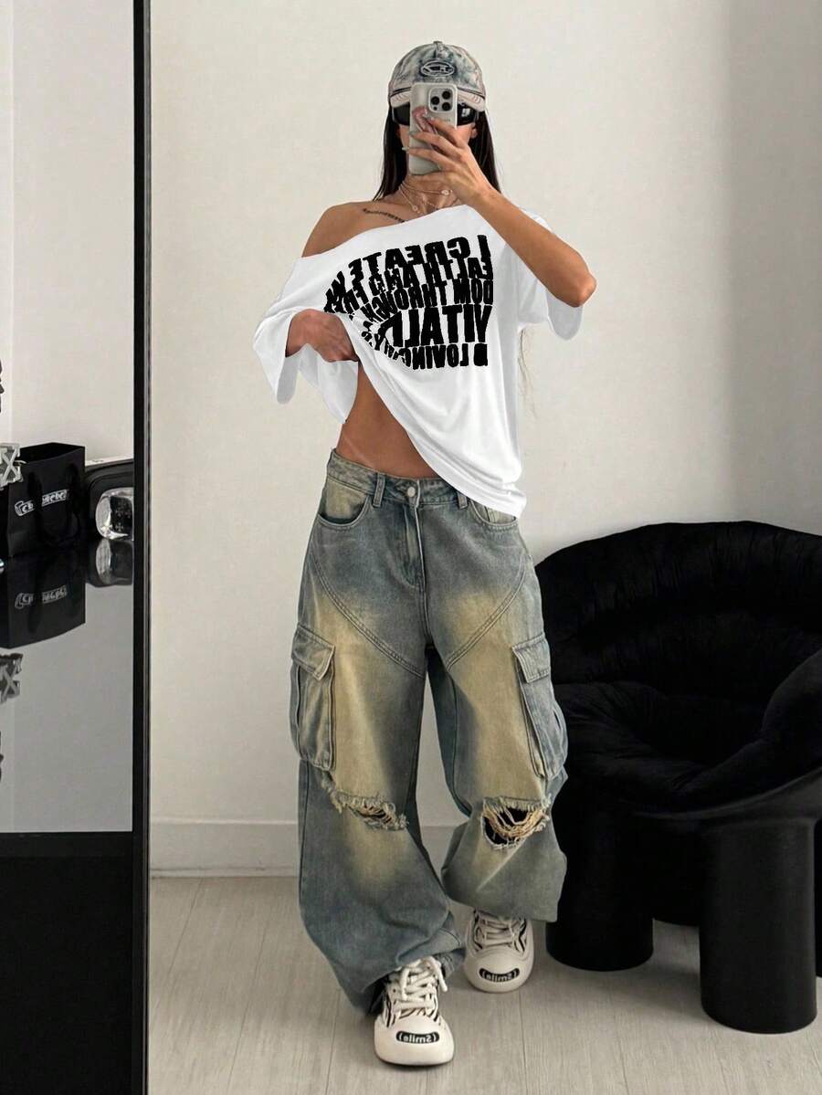 StreetHx 女款蓝白复古字母印花宽松休闲短袖 T 恤，适合工作和日常穿着，春夏季