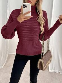 EMERY ROSE Turtleneck Cable Knit Loose Chic Oversized Slim Fit Pullover Sweater - Burgundy - View 3