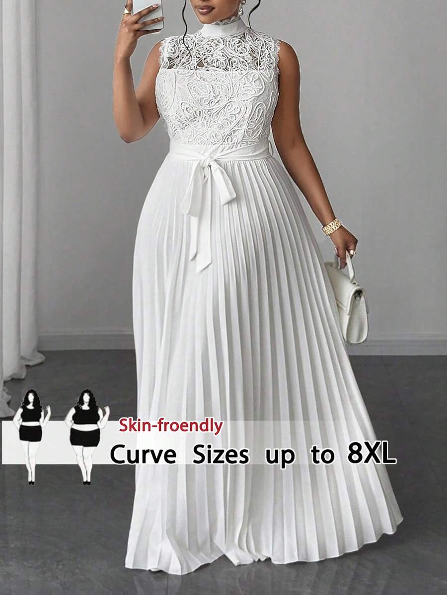 SHEIN CURVE+ Đầm xòe xếp ly không tay cổ đứng cỡ lớn cho nữ, có khóa kéo phía sau và thắt lưng, đầm dự tiệc thanh lịch - trắng - Xem 1