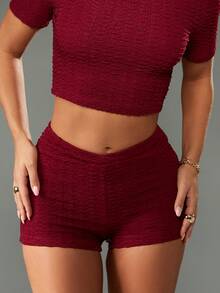 MISSGUIDED Textured Two Piece Crop Top Hot Pants Co Ord Set Festival Club Party Summer Beach Ruched Body Con Outfit Christmas - Red - View 6