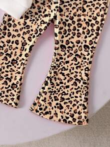 GraphicGems 2pcs/Set Baby Girls Casual Cherry & Leopard Print Cute Sweet Round Neck Long Sleeve Sweatshirt And Leopard Flare Pants Set, Suitable For Autumn/Winter, Halloween, Thanksgiving, Christmas