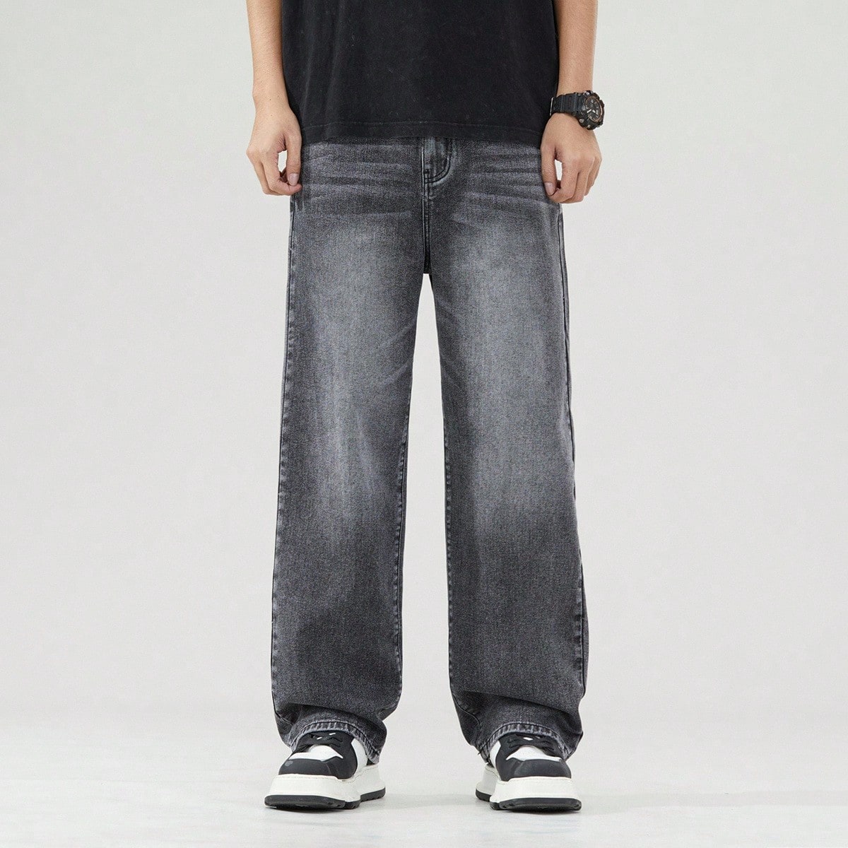 Jeans rectos y anchos de cintura elástica con lavado negro y efecto de vello de gato para adolescentes, un artículo de moda casual, versátil y cóm