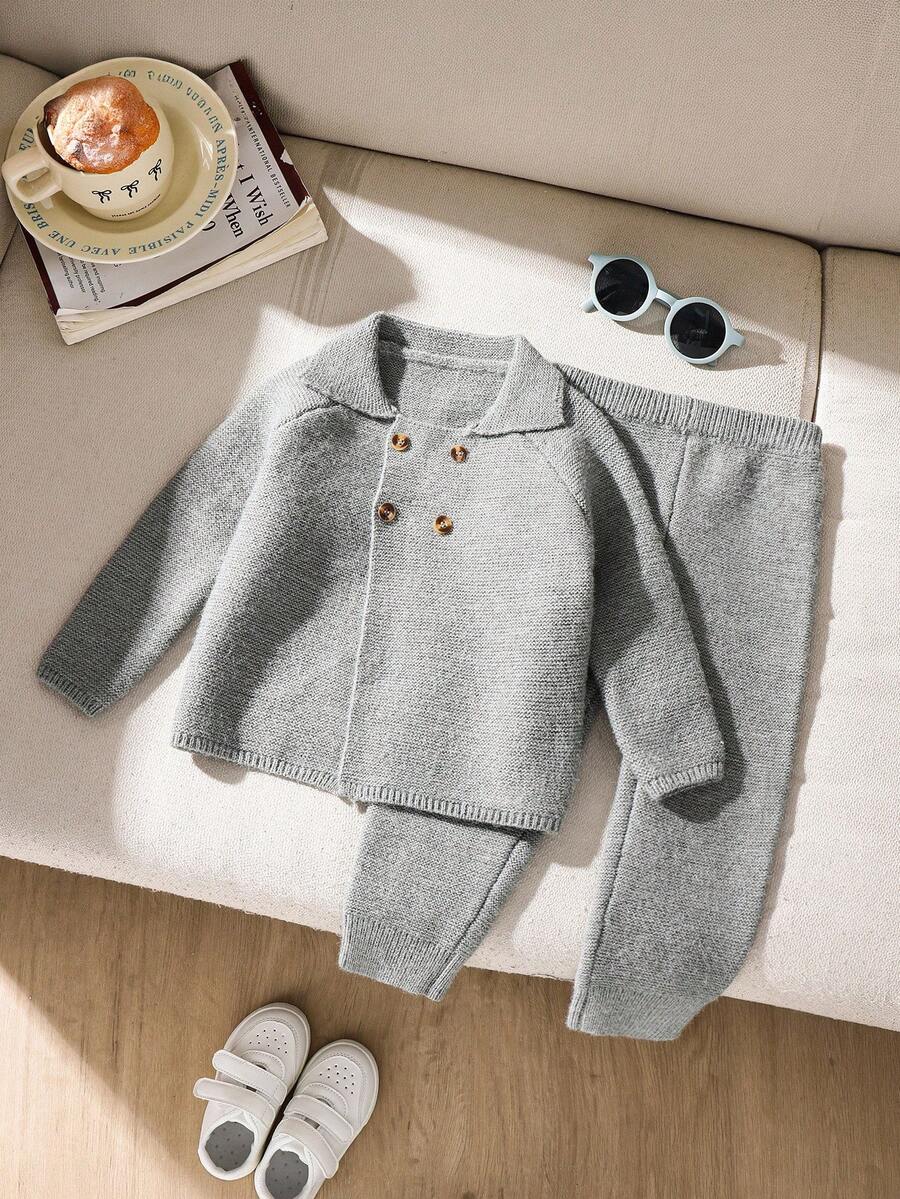 SHEIN 2pcs Baby Boy/Girl Solid Color Collared Long Sleeve Sweater And Pants Set, Suitable For Autumn/Winter - Grey - View 1