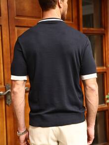 Manfinity Homme Plus Size Men's Solid Color Patchwork Round Neck Short Sleeve Casual Men's Fitted Knit Top Suitable For Everyday Wear - Navy Blue - View 2