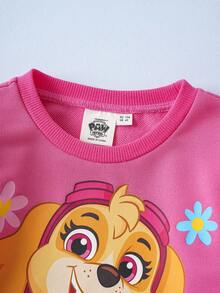 SHEIN | PAW Patrol 2pcs/Set Young Girl Cartoon Cute Puppy Print Pink Knit Loose Fit Crew Neck Cap Sleeve Sweatshirt And Floral All-Over Print Flared Pants, Autumn/Winter Fall - Pink - View 7