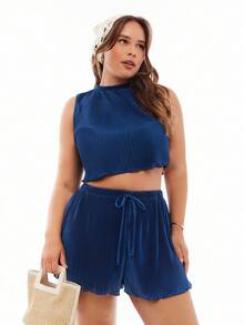 SHEIN EZwear Setelan 2 potong Atasan Tank Top dan Celana Pendek Warna Polos Kasual Musim Panas Ukuran Besar - Biru - View 1