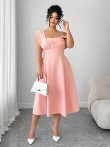 Elenzga Đầm ngắn dáng ôm độc đáo, thanh lịch dành cho nữ cỡ lớn, dây đeo bất đối xứng, màu trơn. - Hồng - Xem 6
