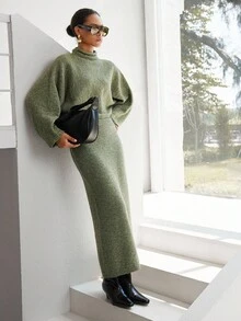 SHEIN Luminelle 高领蝙蝠袖毛衣和针织裙 - 綠色 - 查看 3