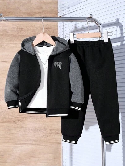 SHEIN 两件套男童撞色连帽休闲舒适多功能拉链外套和宽松运动裤套装，加厚保暖内衬，适合秋冬季穿着