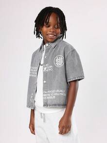 SUMWON Cotton Tween Boys Oversized Short Sleeve Denim Button Down Street Style White Text Print Retro Typography Los Angeles Shirt Light Vintage Wash Casual Everyday Wear