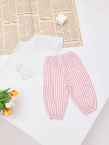 SUMWON 女婴夏季两件套套装圆领短袖T恤配条纹松紧腰裤休闲日常服装 9-12个月 - 粉色 - 查看 2