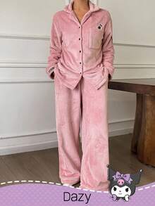 DAZY HELLO KITTY AND FRIENDS | SHEIN 女式条纹纹理羊毛卡通刺绣长袖上衣和裤子休闲套装，冬季休闲套装，舒适服装，秋季服装 - 粉色 - 查看 7