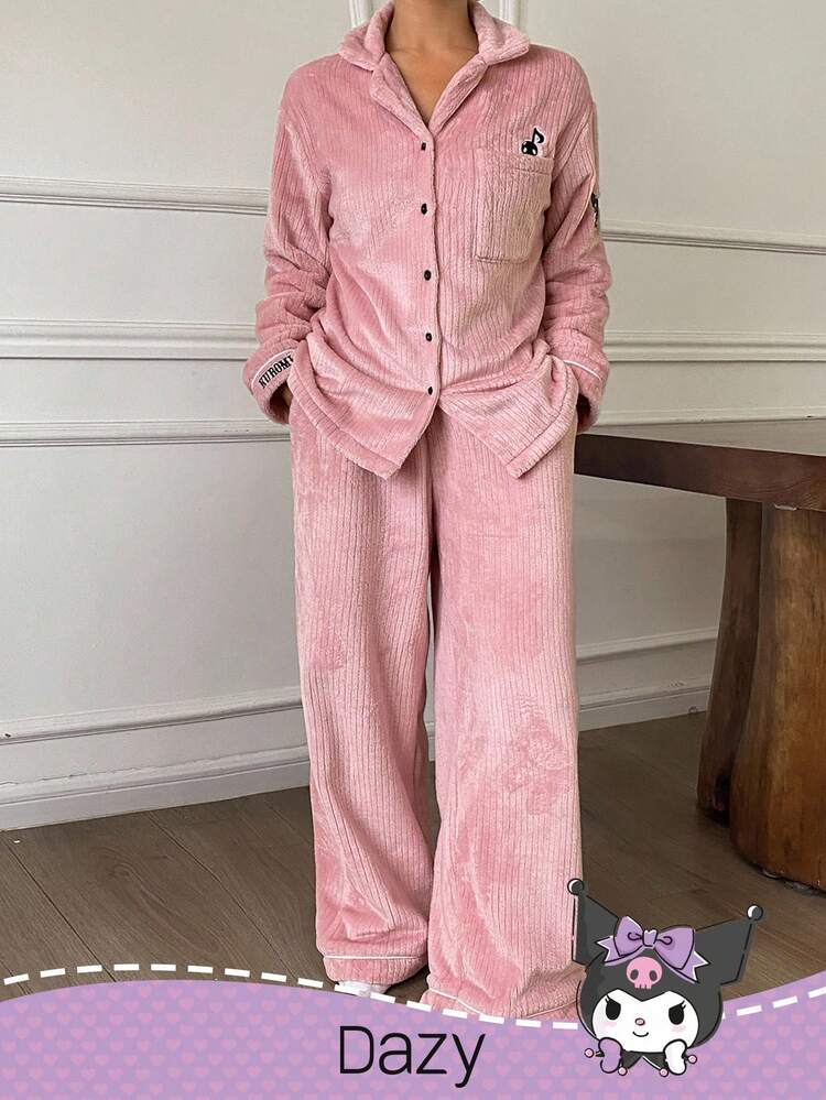 DAZY HELLO KITTY AND FRIENDS | SHEIN 女式条纹纹理羊毛卡通刺绣长袖上衣和裤子休闲套装，冬季休闲套装，舒适服装，秋季服装 - 粉色 - 查看 7