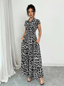 Rafferiza Vestido de mujer elegante con cuello, de manga corta, con estampado de leopardo y cintura ceñida con botones