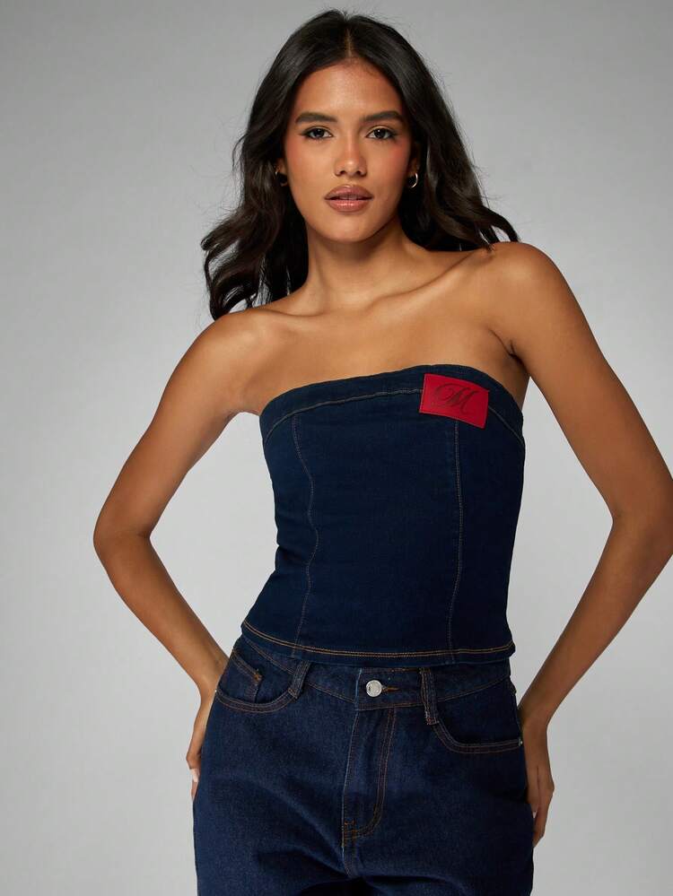 MISSGUIDED Cotton Denim Bandeau Strapless Crop Top Fitted Corset Style With Red Patch Detail Back Zipper Classic Casual Summer Fashion