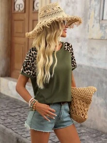 Brillora Camiseta De Manga Corta Con Cuello Redondo Y Manga Raglán Con Estampado De Leopardo Para Mujer - Verde militar - Ver 6