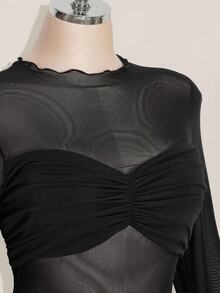 SHEIN ICON Vestido mini de manga larga con parches de malla transparente y fruncido para mujer de talla grande - Negro - Ver 6