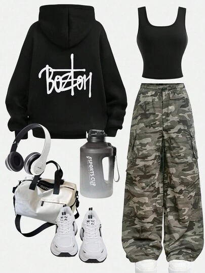 Girlism Teen Girls 3-Piece Set: Black Letter Knit Hoodie Sweatshirt, Black Tight Camisole Top, And Camo Print Cargo Pants, Casual Sports Outfit Fall Winter