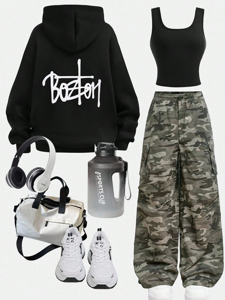 Girlism Teen Girls 3-Piece Set: Black Letter Knit Hoodie Sweatshirt, Black Tight Camisole Top, And Camo Print Cargo Pants, Casual Sports Outfit Fall Winter - Black - View 1