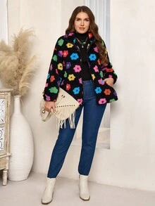 EMERY ROSE Plus Size Women  Casual Solid Color Zip-Up Floral Fleece Warm Coat With Pockets, , Going Out,  New , Simple And Fashionable For Everyday Wear,  For Women , New Year,Spring - Multicolor - View 5