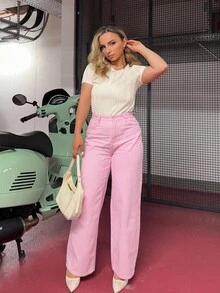 Jeta Ari Women's Front Button Pocket Casual Loose Straight Jeans - Pink - View 1