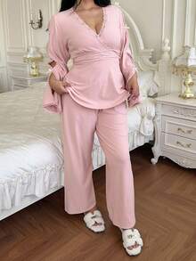 Dazy Plus 2件套加大码女士优雅蕾丝拼接喇叭袖上衣和裤子睡衣套装秋冬服装 - 粉色 - 查看 8