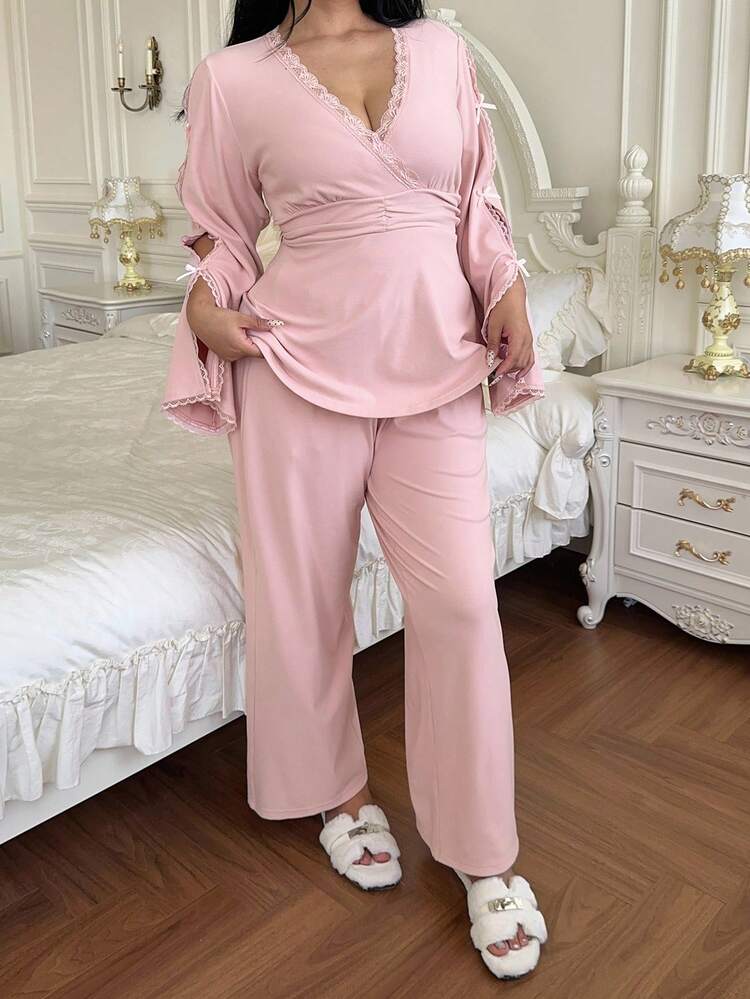 Dazy Plus 2pcs Plus Size Women Elegant Lace Patchwork Flare Sleeve Top And Pants Pajama Set Fall Winter Clothes