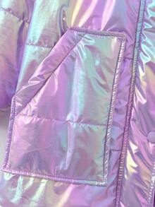 Young Girl' Cute Iridescent Glossy Hooded Pockets Ribbed Mid-Length Padded Coat Fall Winter - Purple - View 6