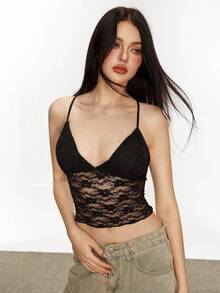 INAWLY Áo yếm ren tương phản dành cho nữ, giản dị và ngày lễ - màu đen - Xem 1