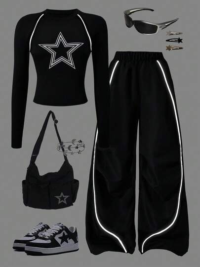 Sparklyn 2件套休闲青少年装 - 白色星星印花T恤+裤子，银色装饰线，夜光效果，适合散步、购物、上学穿着，可搭配夹克或背心