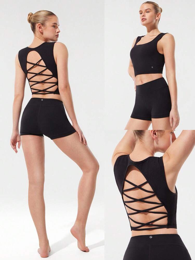 Camiseta de punto corta con cuello cuadrado, copas desmontables, espalda abierta, efecto secado rápido y suave sin costuras, para entrenamiento, running, jogging y gimnasio de impacto medio