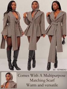 Radiana 大码女装秋冬优雅日常百搭长袖荷叶边修身西装外套（含腰带），正式千鸟格纹，复古时尚通勤棕色格纹套装，适合街头风、都市风、性感办公室女郎、度假装、通勤、商务、复古、派对、度假、外出、老钱风、层次感丰富的穿搭、约会之夜、聚会、极简主义、生日、正式场合、辣妹风、伊比沙岛风、纳什维尔风、休闲、端庄、时尚、休闲、购物、街头风、外出等多种场合，修身显瘦。 - 卡其色 - 查看 3