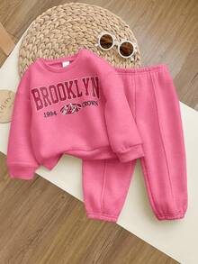 SHEIN Babygirl 可爱灰色字母印花长袖卫衣和裤子套装，秋冬 - 粉色 - 查看 8