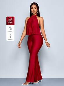 SOLERSUN Tuta elegante e alla moda da donna, di colore tinta unita, con collo alla halter e senza maniche - Bordò - Visualizzare 1