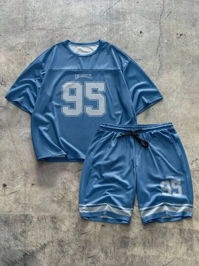 AXEPEAK 男士数码印花网眼宽松短袖T恤套装