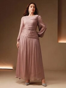 Anewsta 大码女式橄榄绿亮面长连衣裙，圆领腰部褶皱设计，泡泡袖，优雅百搭，适合秋季、冬季、外出、正式场合、派对、时尚、新年、圣诞节、工作、毕业典礼、婚礼、休闲等各种场合。