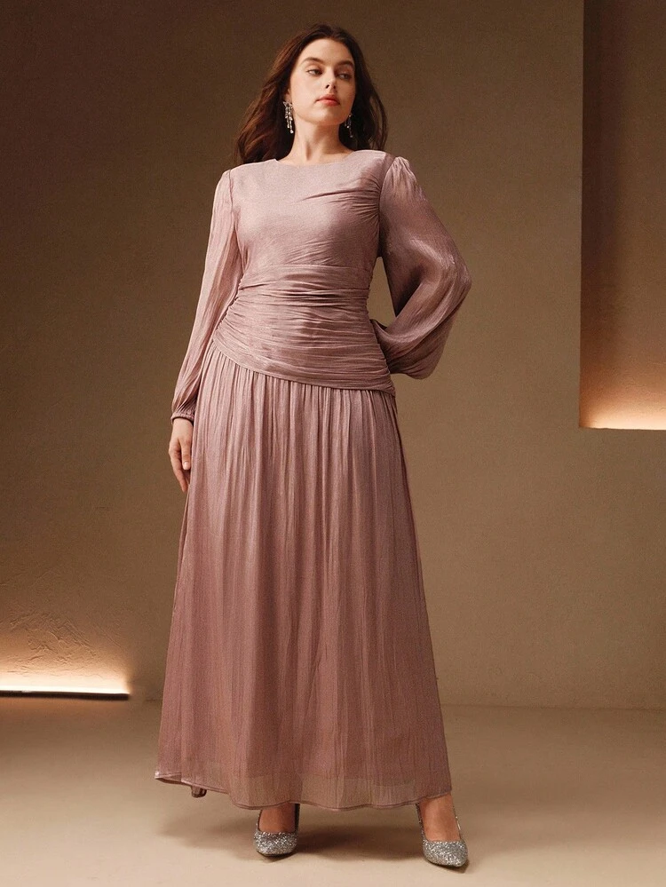 Plus Size Women's Olive Green Shiny Long Dress, Round Neck With Waist Ruching, Puff Sleeves, Elegant & Versatile For Autumn, Fall, Winter, Going Out, Formal, Party, Chic, New Year, Christmas, Work, Graduation, Wedding, Casual