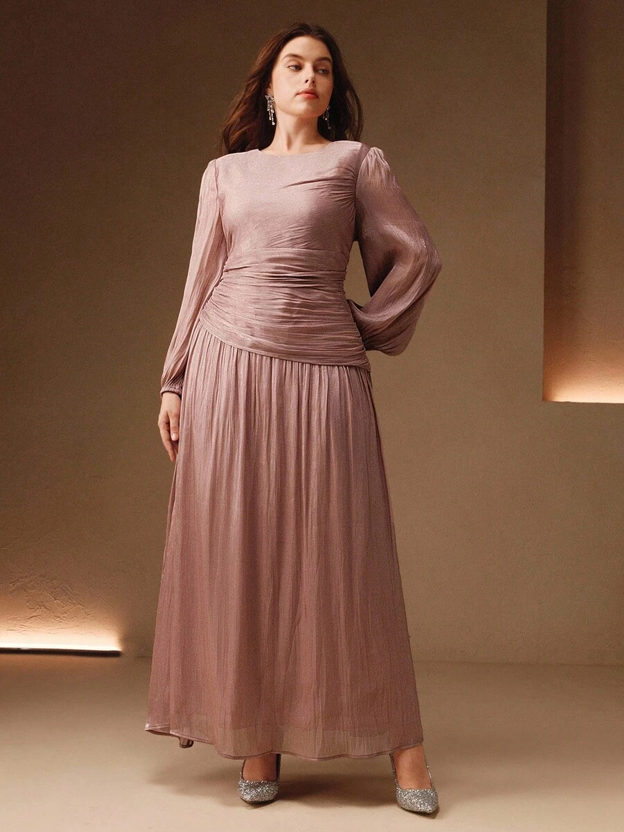 Anewsta 大码女式橄榄绿亮面长连衣裙，圆领腰部褶皱设计，泡泡袖，优雅百搭，适合秋季、冬季、外出、正式场合、派对、时尚、新年、圣诞节、工作、毕业典礼、婚礼、休闲等各种场合。