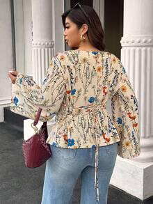 EMERY ROSE 女式宽领喇叭袖植物印花衬衫，秋冬 - 彩色 - 查看 2