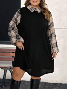 SHEIN CURVE+ Plus-Size Women's Winter Casual Checkered Floral A-Line Dress