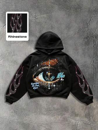 Street Life Men's Oversized Short Hoodie Eye Print With Sparkling Diamond Eye Print, Graphic Hoodie, Fall